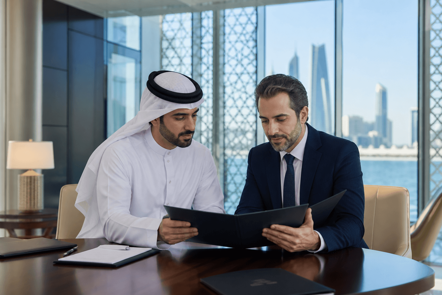 Corporate banking discussion after Bahrain company formation, with the Manama skyline in view