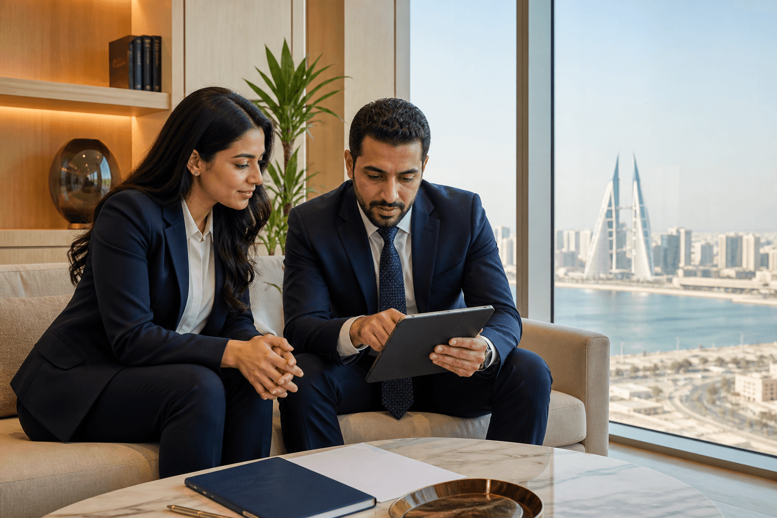 Advisors reviewing Bahrain company formation requirements with the Manama skyline behind them