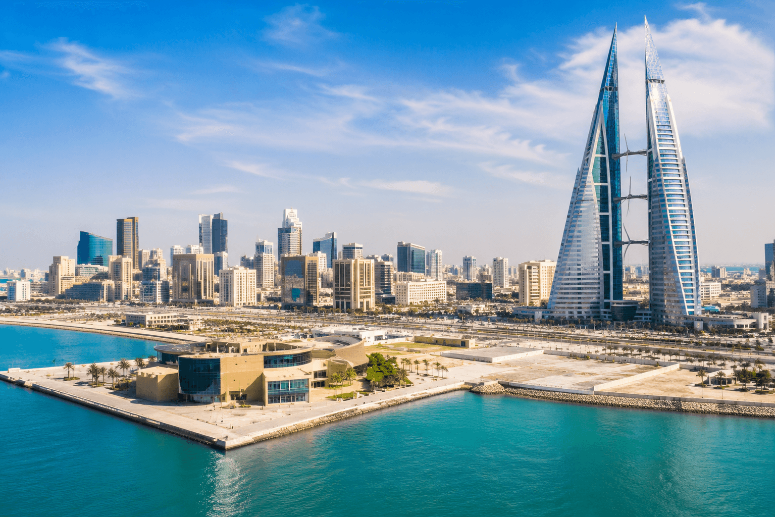 Aerial view of the Manama business district and Bahrain World Trade Center