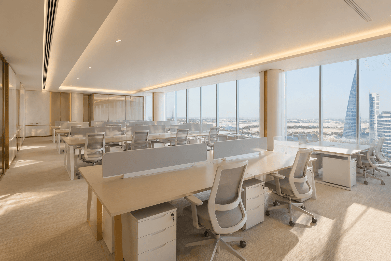 Commercial office interior in Manama with a Bahrain World Trade Center view