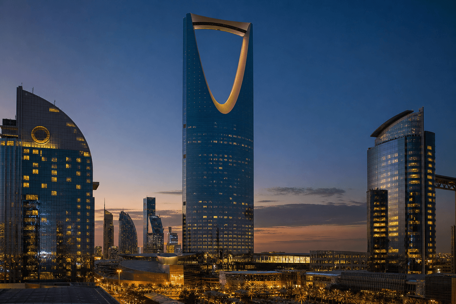 Riyadh skyline at dusk with the Kingdom Centre and modern commercial towers