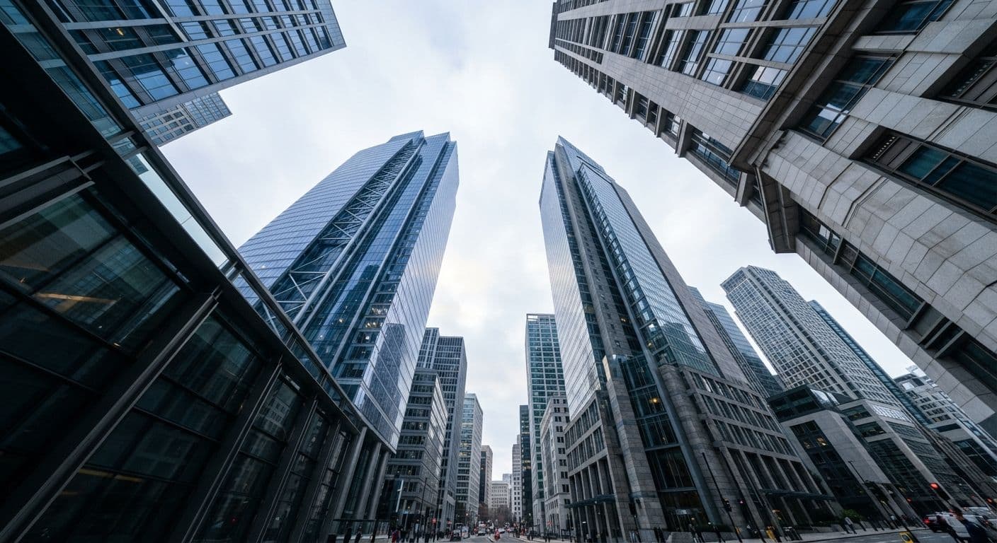Looking up at glass office towers in a Bahrain business district