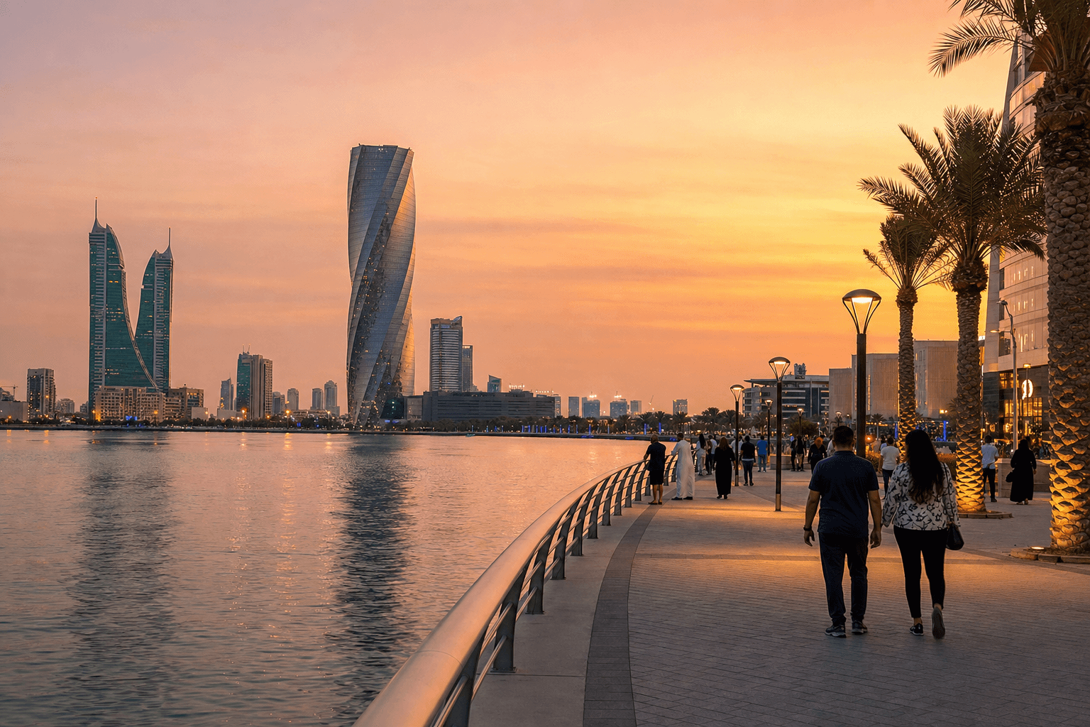 Manama waterfront and commercial skyline including the Bahrain World Trade Center at dusk