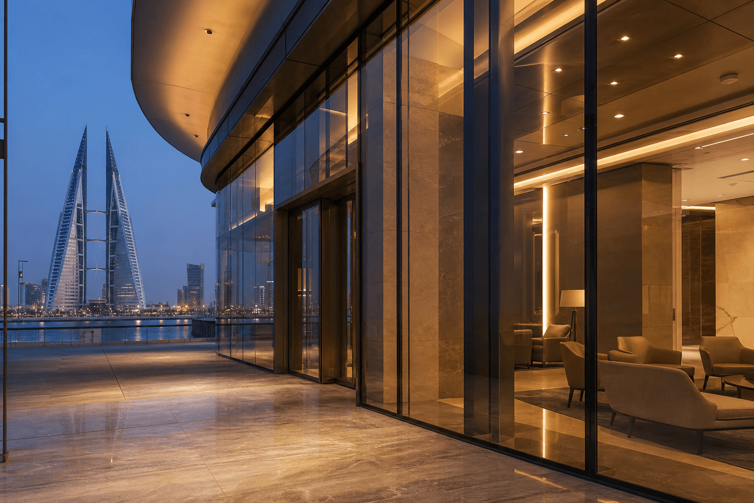 Premium commercial office lobby with a Manama skyline view
